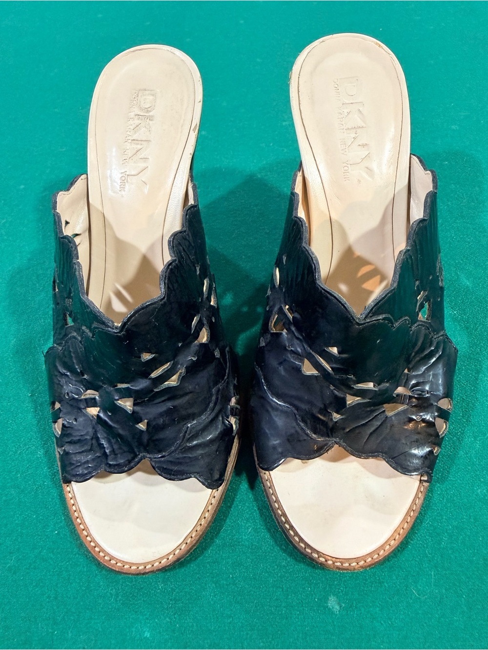 DKNY Black Scalloped Cutout Leather Slide Mules